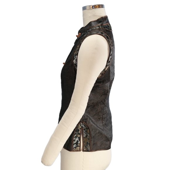 Grace Chuang New York Brown Silk Manderin Collar Tank w Metallic Dragon Trim  XL - Picture 4 of 5